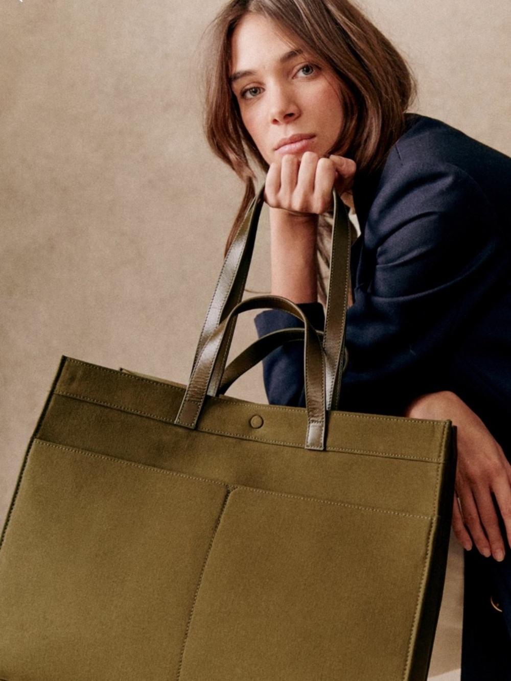 Sezane Le Sept Canvas Tote Khaki - Size TU-EUC